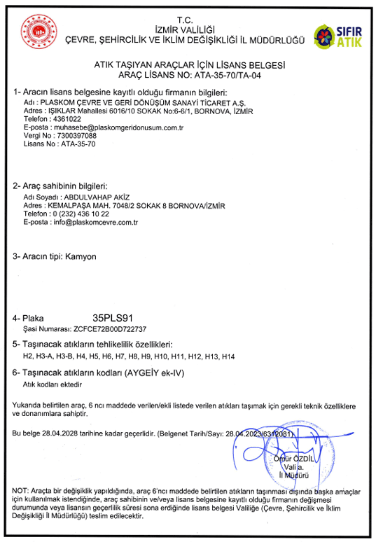 Atık Taşıyan Araç Lisansı 35 PLS 91 PDF önizleme