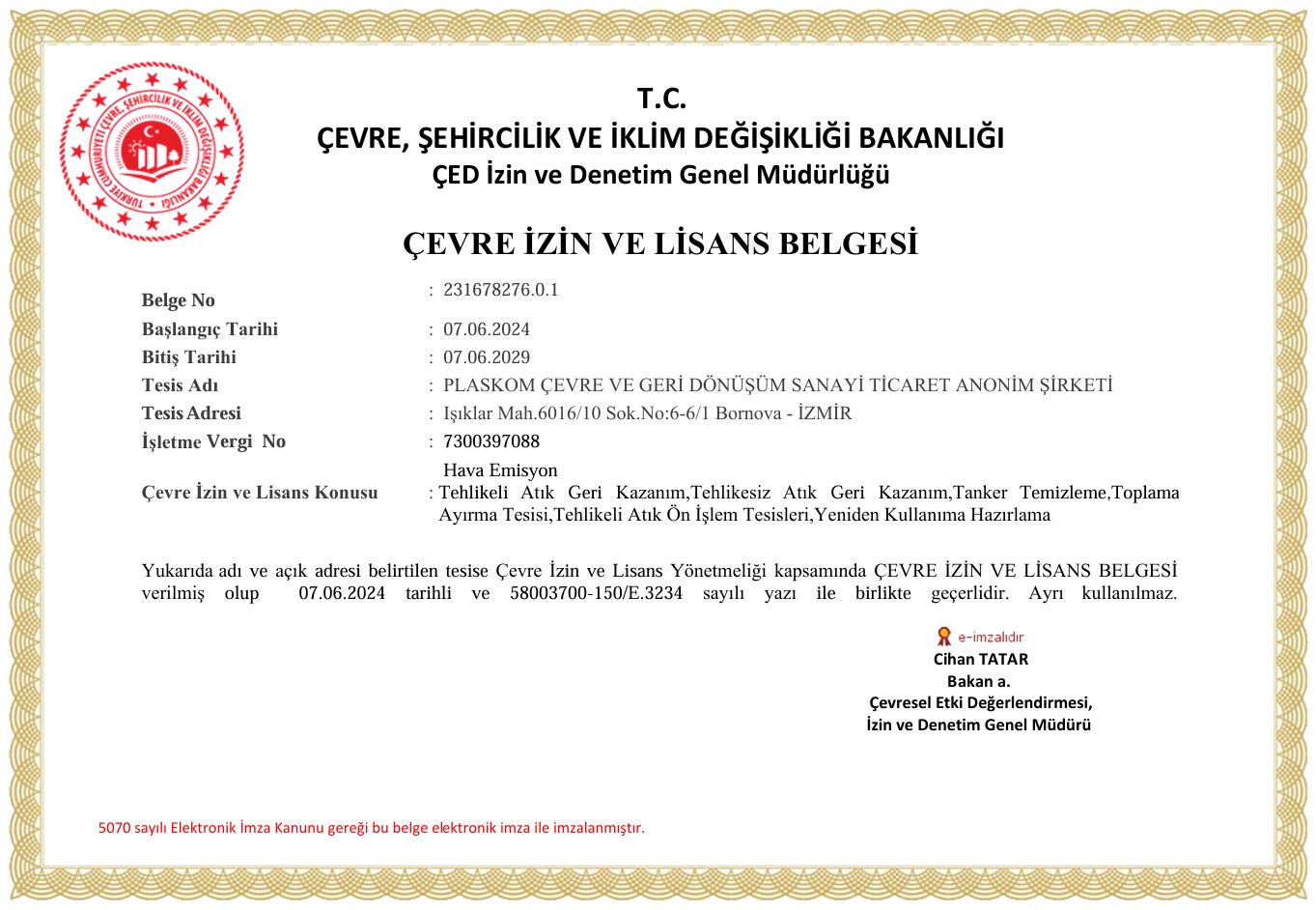 Çevre İzin ve Lisans Belgesi