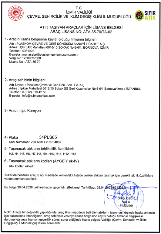 Atık Taşıma Belgesi (34 PLS 065)